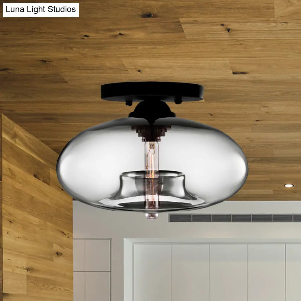 Industrial Semi Flush Ceiling Light With Oval Red/Brown/Blue Glass Shade - Black Finish Ideal For