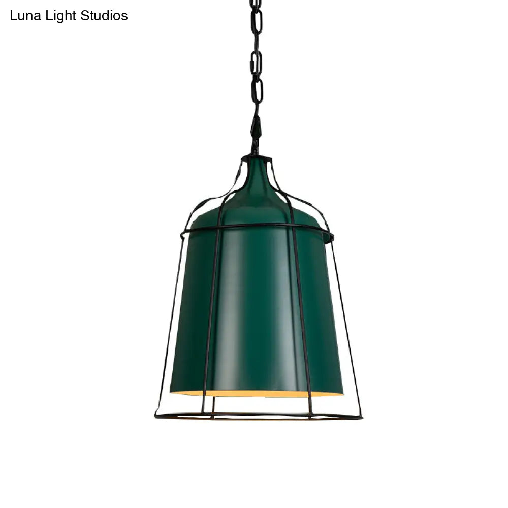 Industrial-Style Dark Green Hanging Pendant With Wire Cage - Aluminum Tapered Suspension Lighting