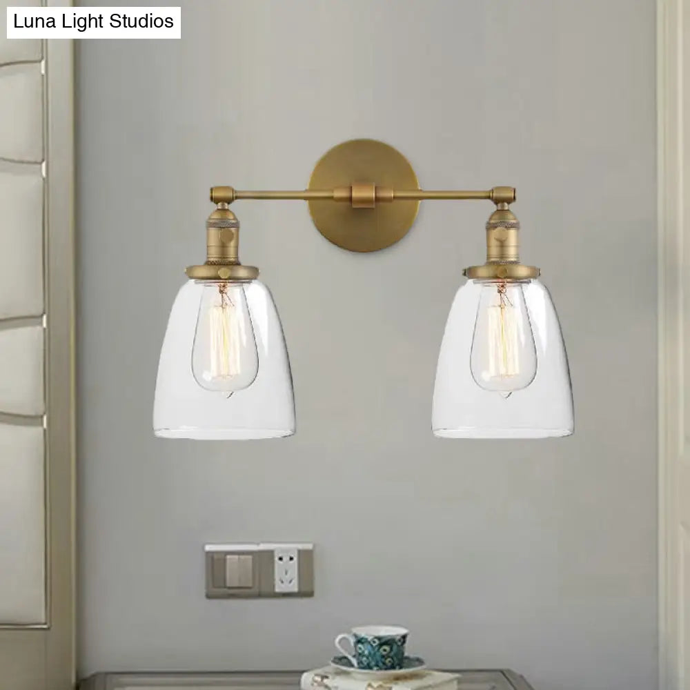 Industrial Wall Lamp: Clear Glass & Brass Sconce With 2 Lights For Foyer