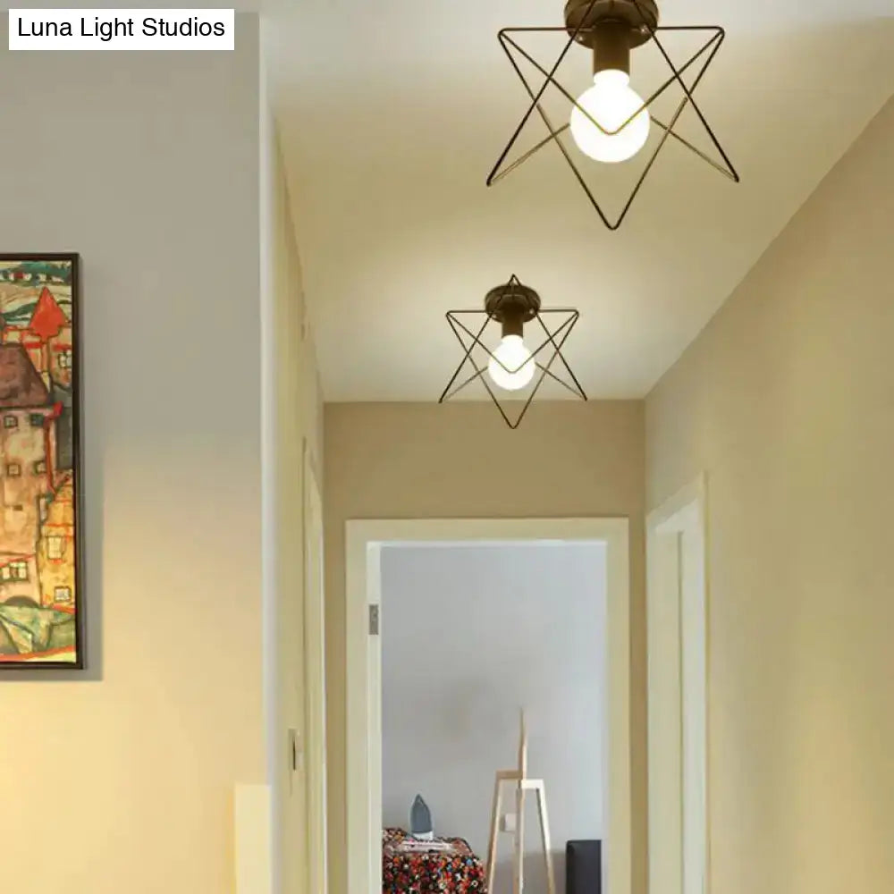 Iron Geometric Cage Flush Mount Lighting - Nordic Style 5-Head Fixture Black Ideal For Corridors