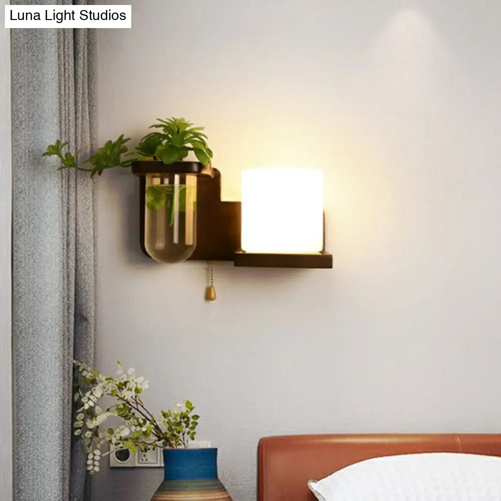 Ivory Glass Geometric Wall Bedside Sconce With Plant Container