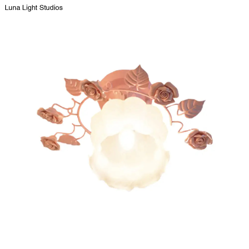 Ivory Glass Rose Ceiling Light - Traditional White/Pink Semi Flush Mount For Bedroom
