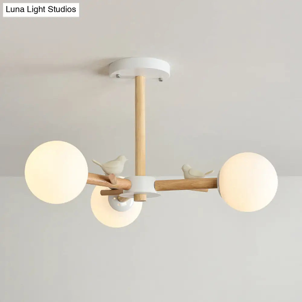 Japanese-Inspired Bedroom Chandelier With Orb Shade Birds Wood And Glass In White