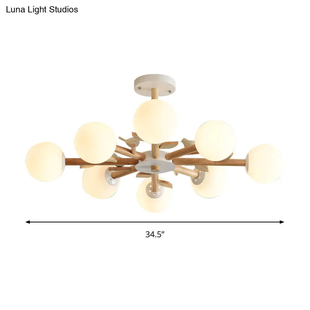 Japanese-Inspired Bedroom Chandelier With Orb Shade Birds Wood And Glass In White