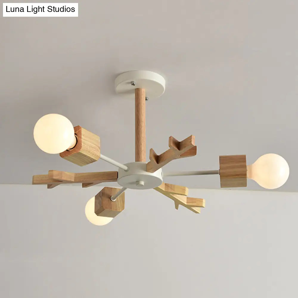 Japanese Style Beige Wood Chandelier - Snowflake Pendant Light For Bedroom