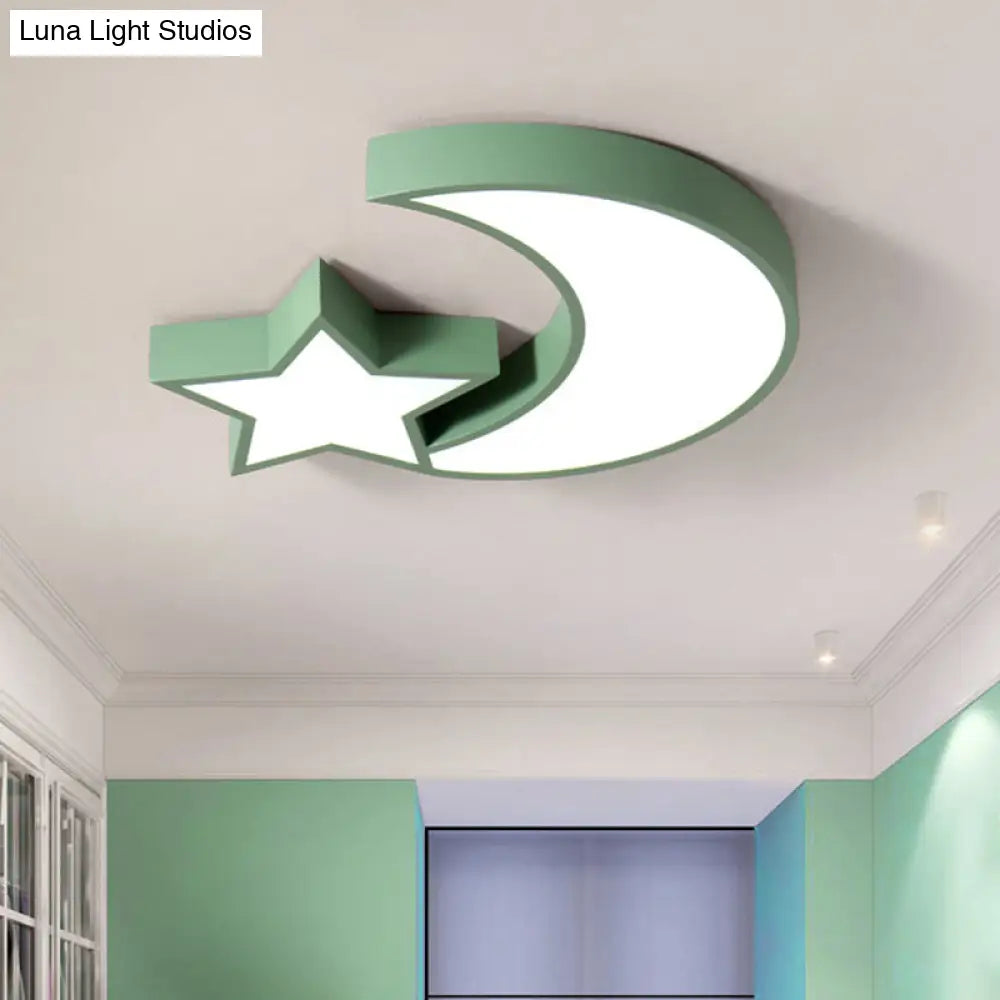 Kids Style Star And Moon Led Flushmount Ceiling Lamp Green / White