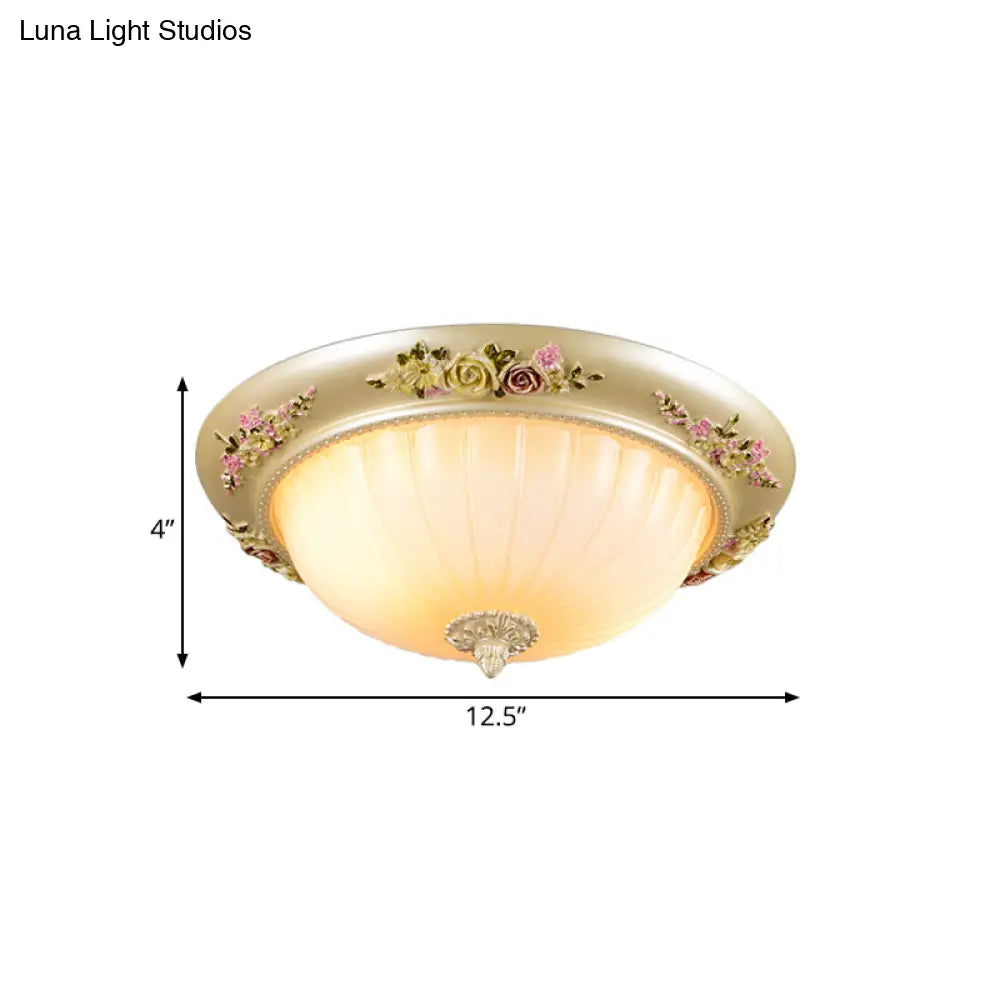 Korean Countryside Dome Flushmount Ceiling Light - 2 Heads Prismatic Glass Gold Finish Flower Decor