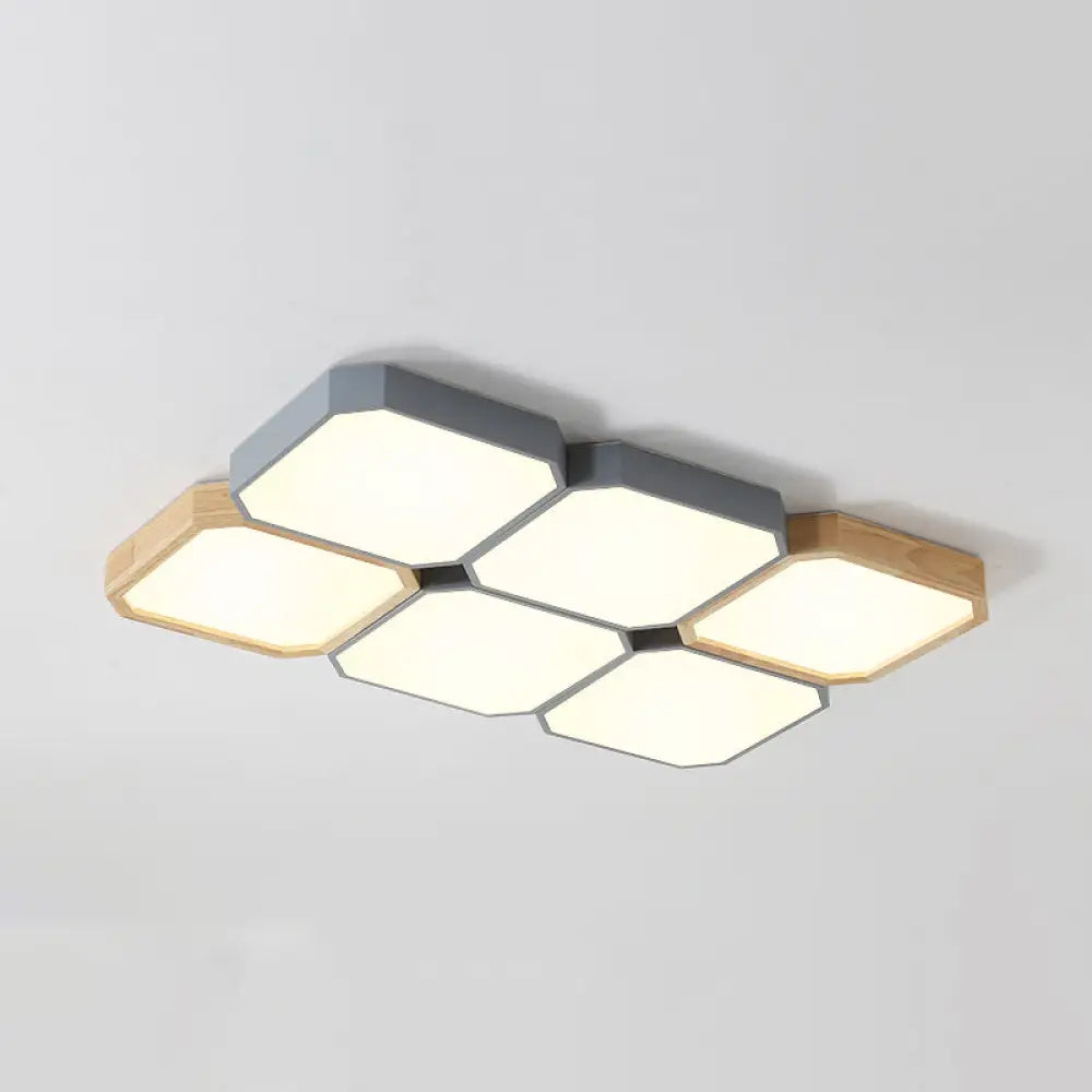 Led Checkered Ceiling Light: Nordic Grey Metal And Wood Fixture For Living Room 6 / Warm