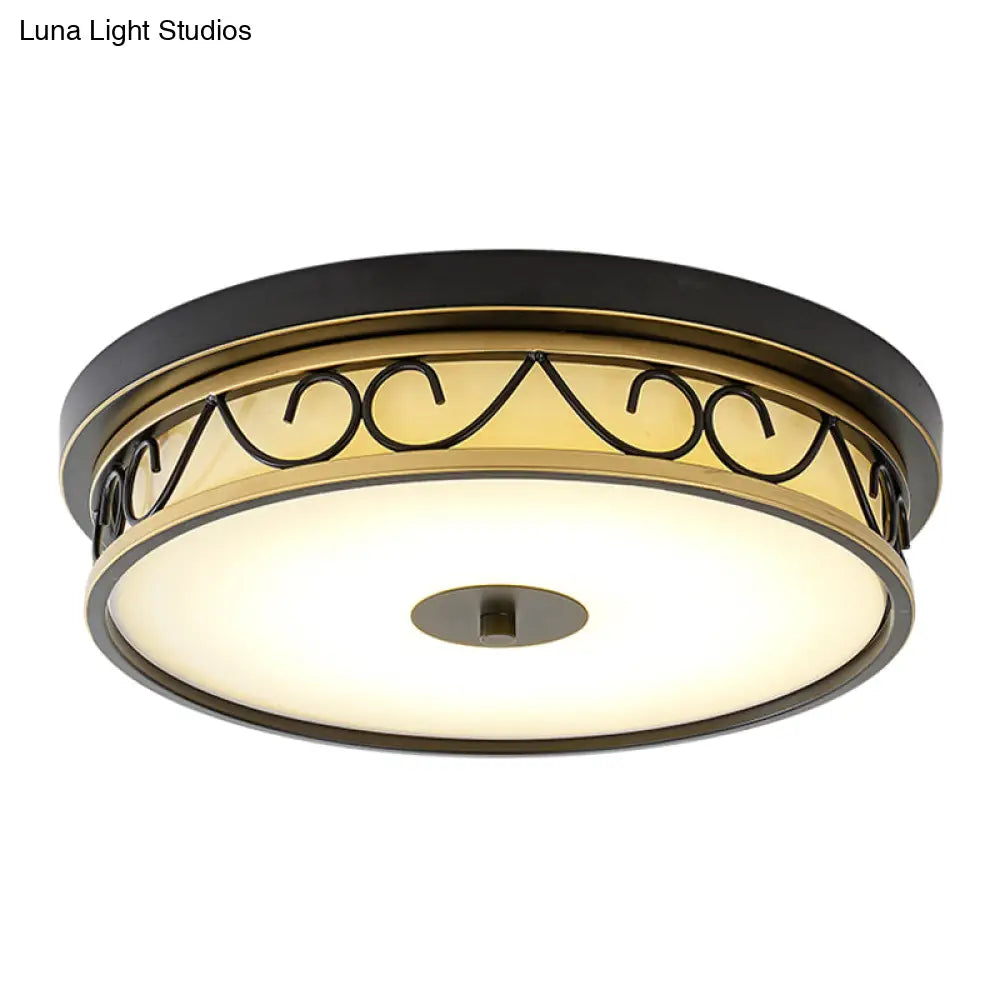 Led Drum Flush Mount Lamp - Traditional Black Frosted Glass Ceiling Light