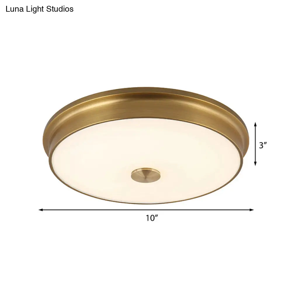 Led Drum Flush Mount Lighting White Glass Ceiling Fixture For Living Room In Warm/White Light