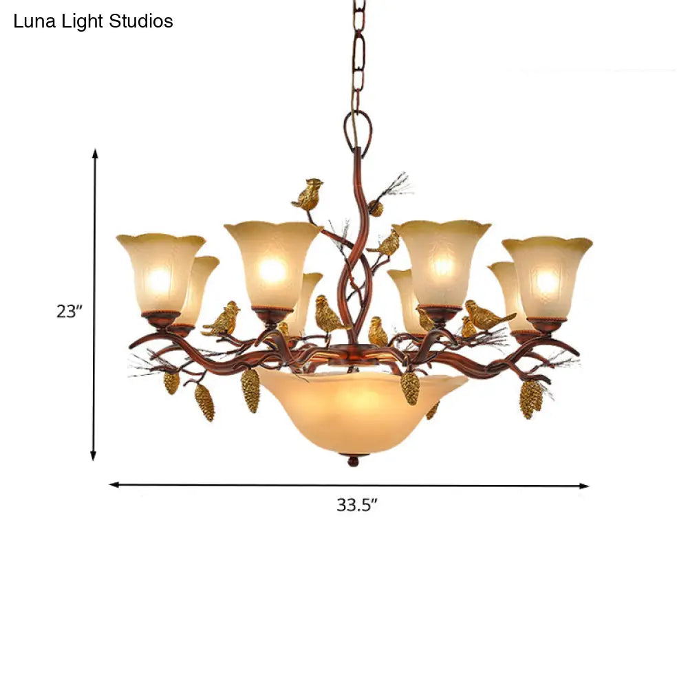 Lodge Bell Living Room Chandelier With Milky Glass Shades - 11 Lights Brown Pendant Lamp