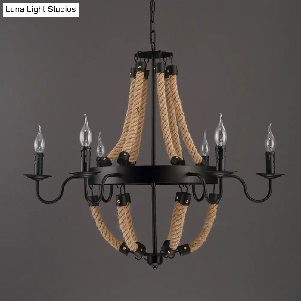 Loft Style Candelabrum Chandelier With 8 Bulbs And Hemp Rope - Black Hanging Lamp For Living Room
