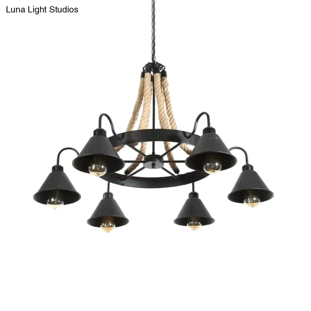 Loft Style Rope Chandelier With Cone Metal Shade - Brown Pendant Light 6/8 Heads