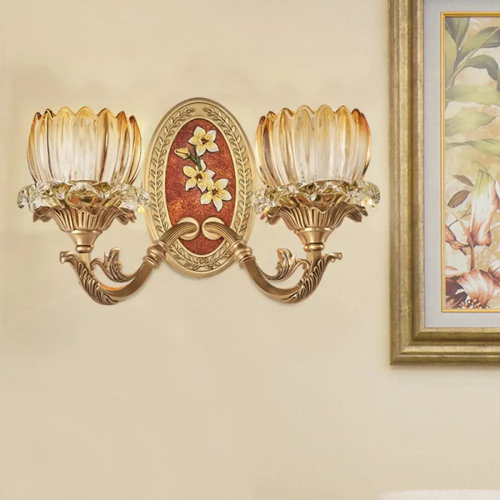 Lotus Ribbed Glass Wall Light Kit - Antique 1/2-Light Living Room Sconce In Gold 2 /