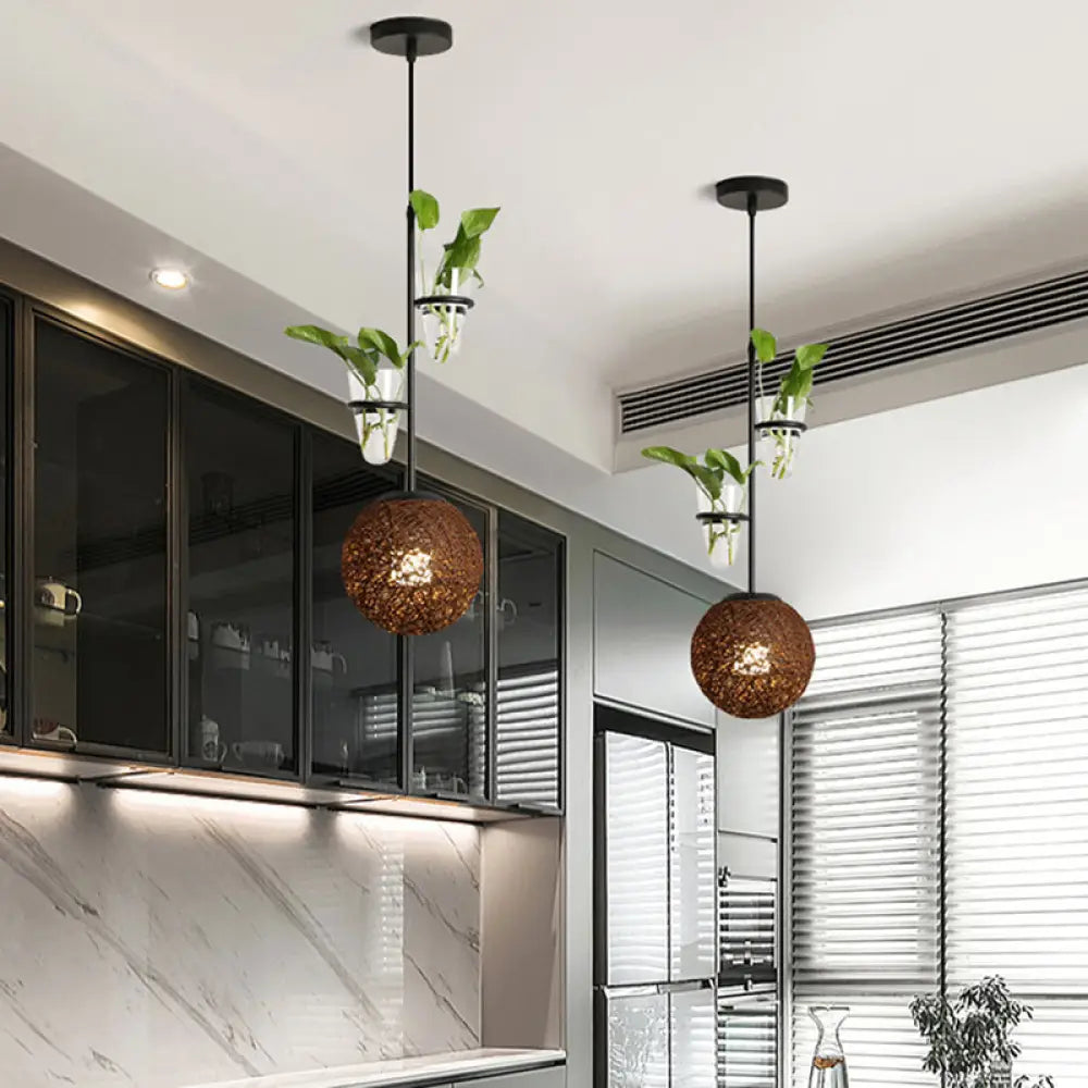 Macaron Rattan Globe Pendant Light With Plant Pot - Beige/Red/Pink Brown