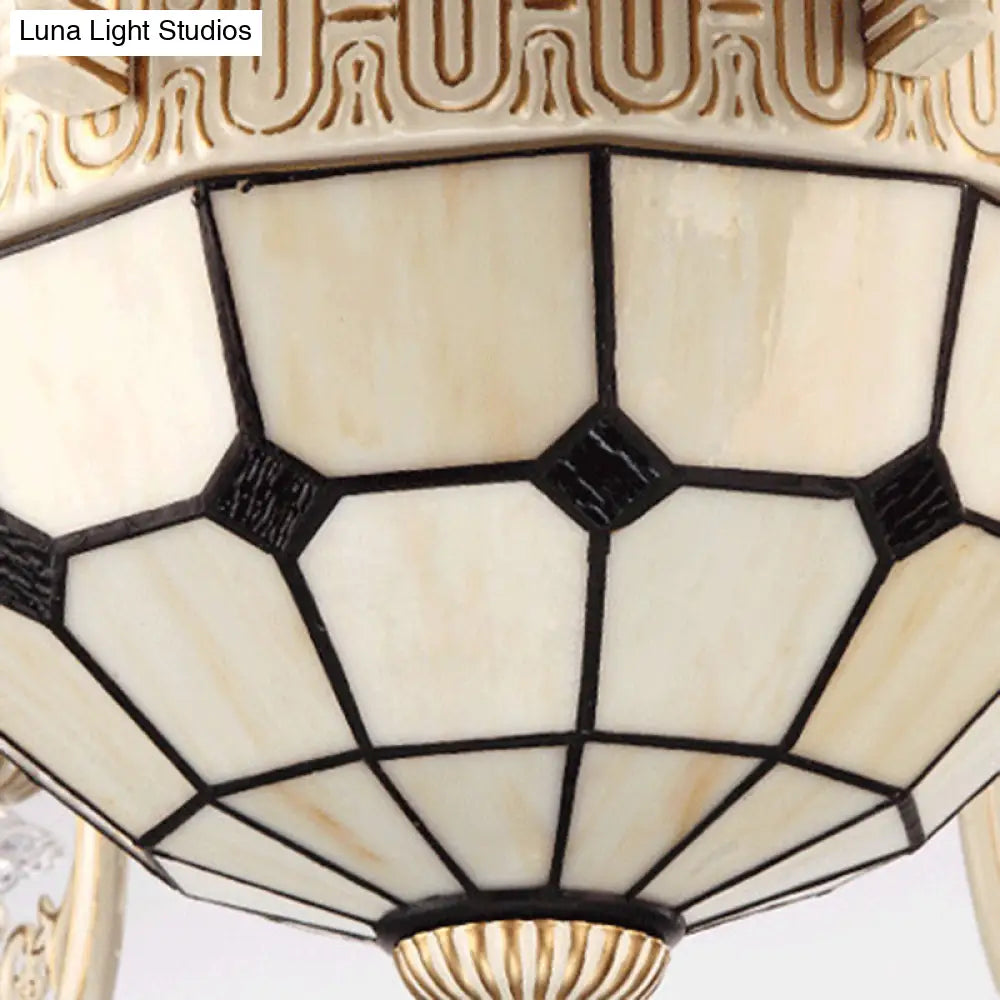 Mediterranean Cream 6-Light Ceiling Chandelier With Stained Glass Shade For Living Room