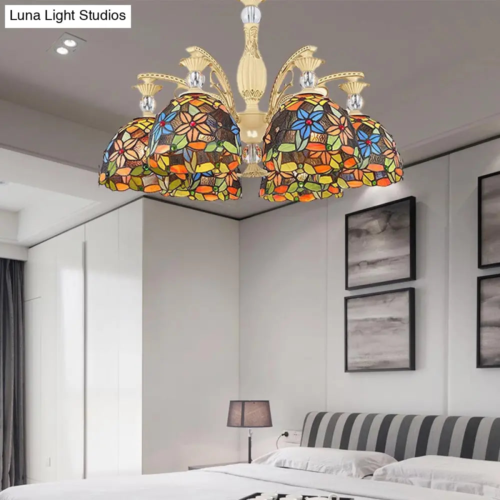 Mediterranean Floral Chandelier Lighting - 6/9/11 Lights Stained Glass Pendant Light Kit (Orange)