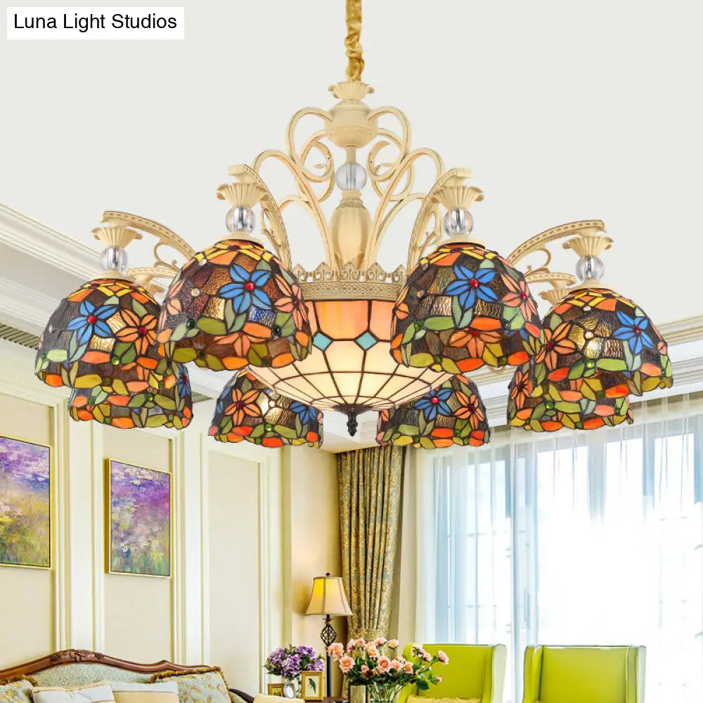 Mediterranean Floral Chandelier Lighting - 6/9/11 Lights Stained Glass Pendant Light Kit (Orange)