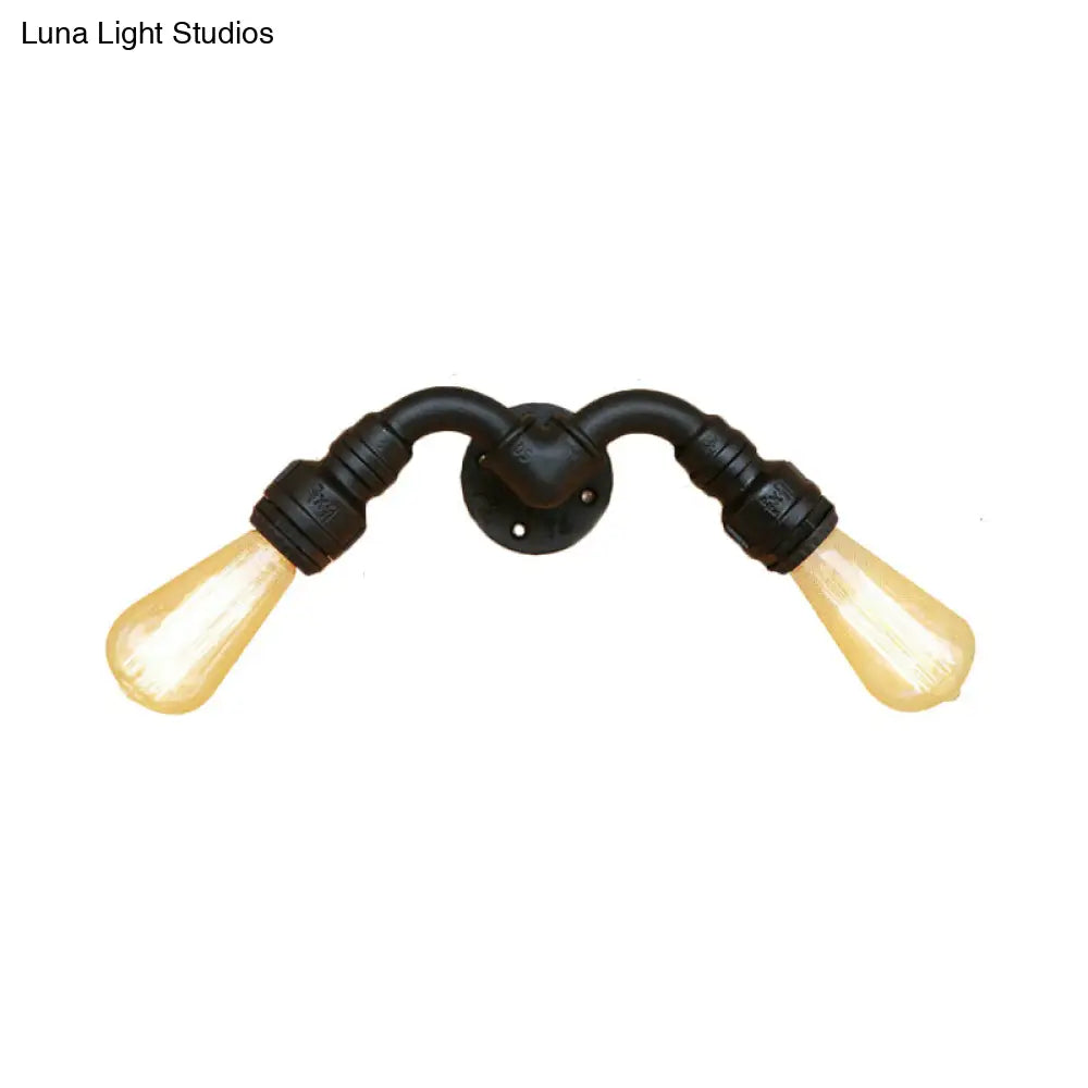 Metallic Black Vintage Bare Bulb Wall Sconce With Pipe Design - 2 Head Indoor Lamp