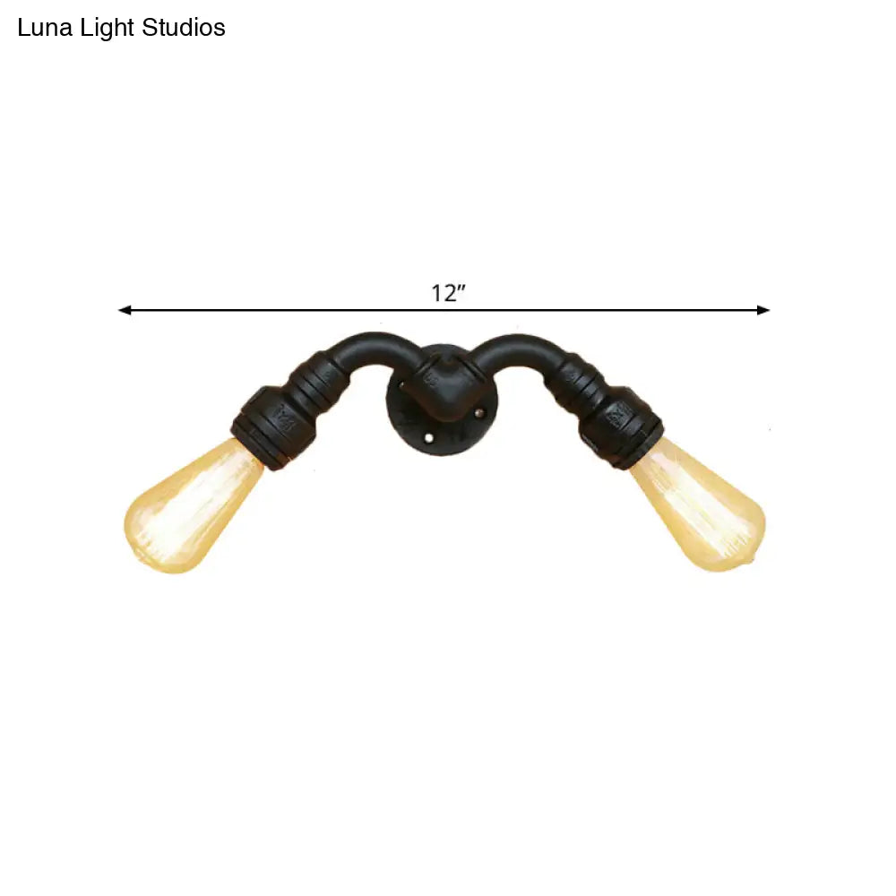 Metallic Black Vintage Bare Bulb Wall Sconce With Pipe Design - 2 Head Indoor Lamp