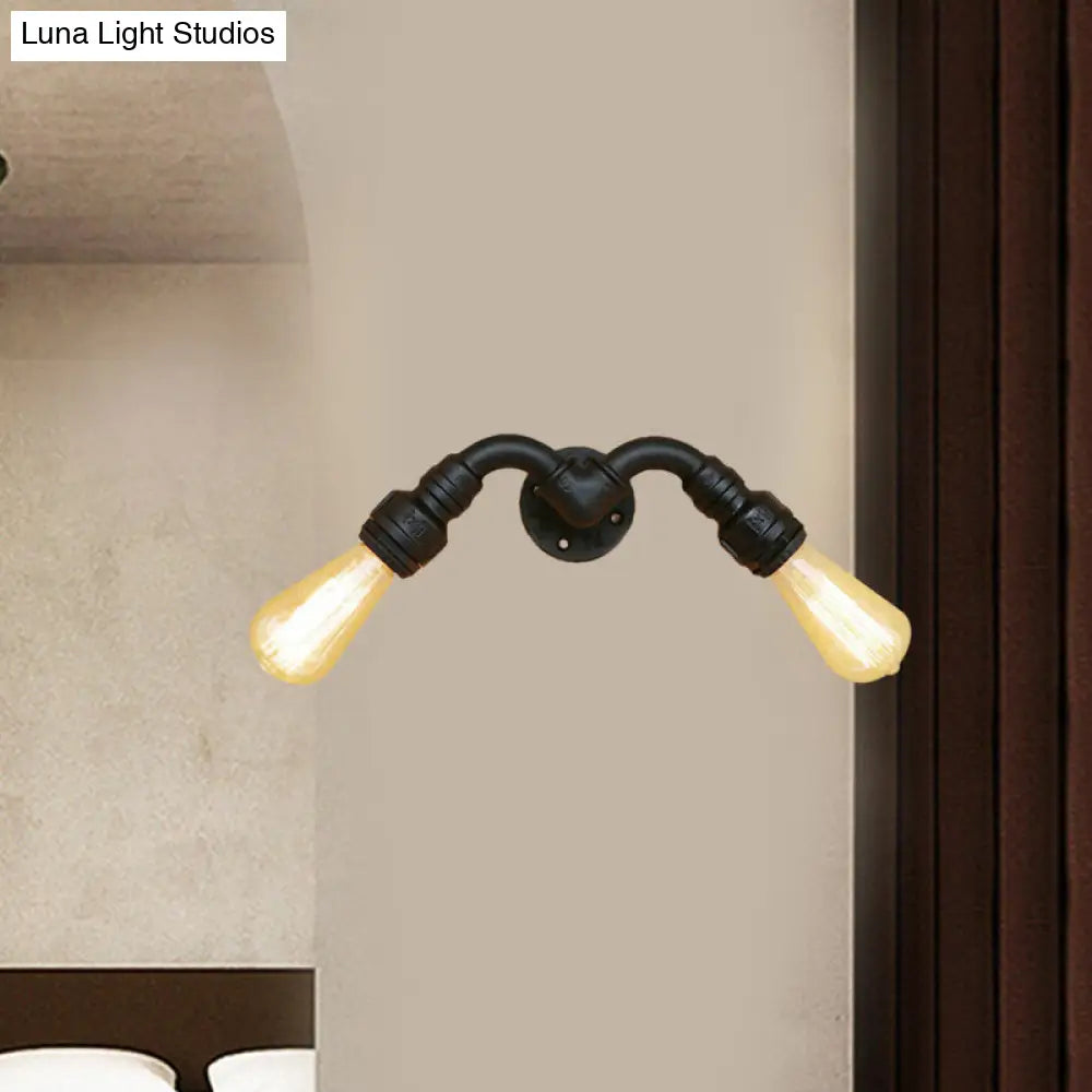 Metallic Black Vintage Bare Bulb Wall Sconce With Pipe Design - 2 Head Indoor Lamp