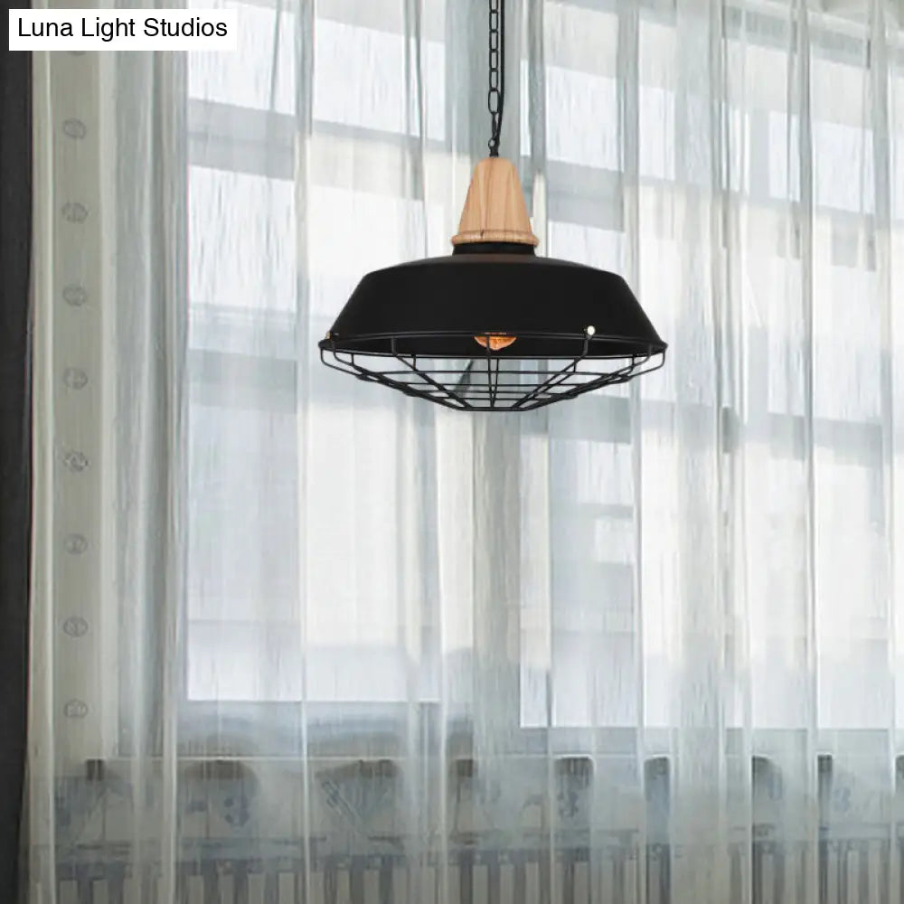 Metallic Retro Style Ceiling Hanging Pendant Light With Barn And Wire Guard 1 Head Black 3 Sizes