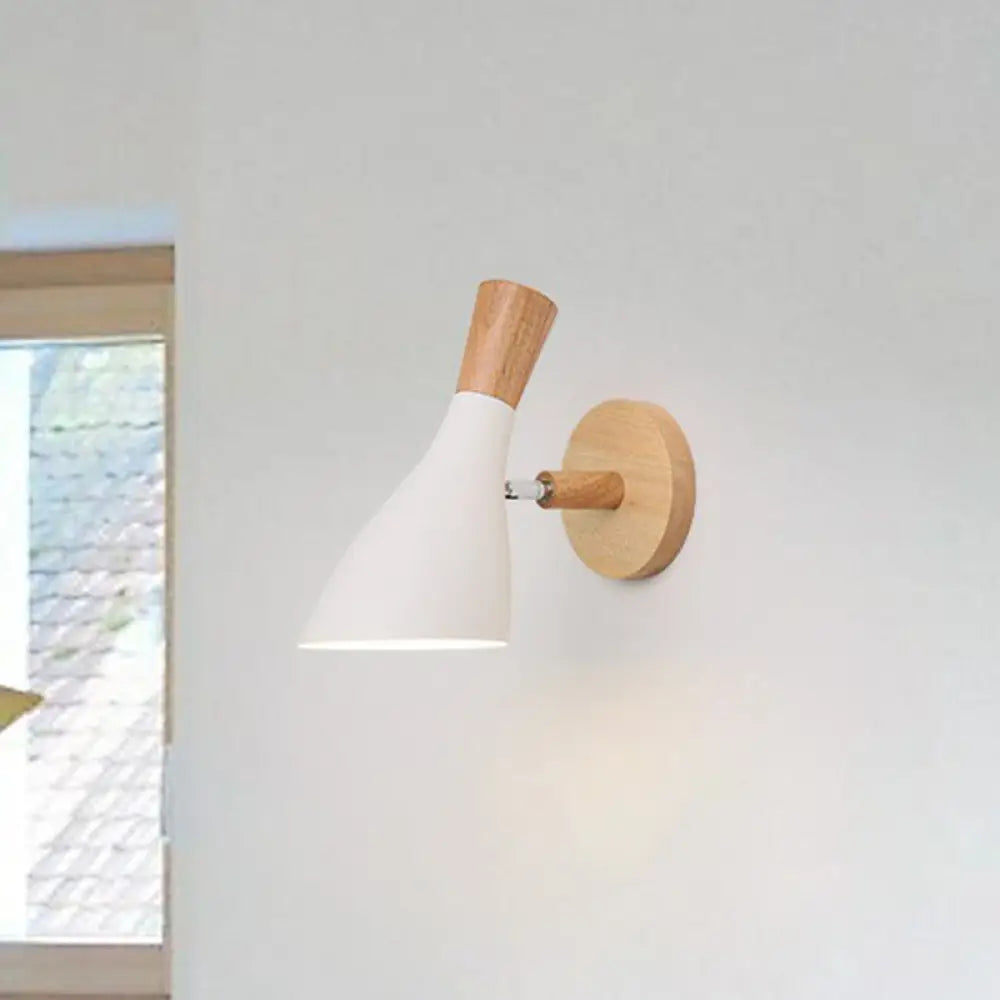 Metallic Swivel Shade Wall Lamp - Macaron 1-Bulb Wood Bedroom Light Fixture White / D