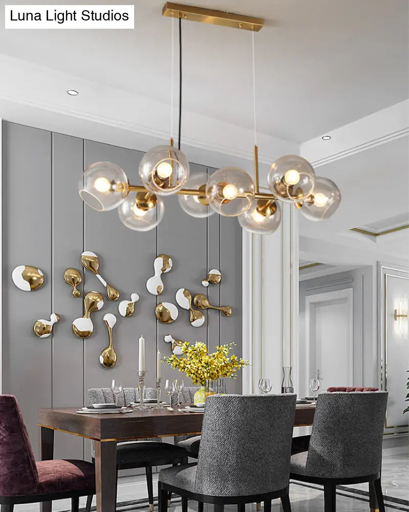 Mid-Century Gold Island Pendant Light - 8 Lights Spherical Glass Perfect For Dining Table