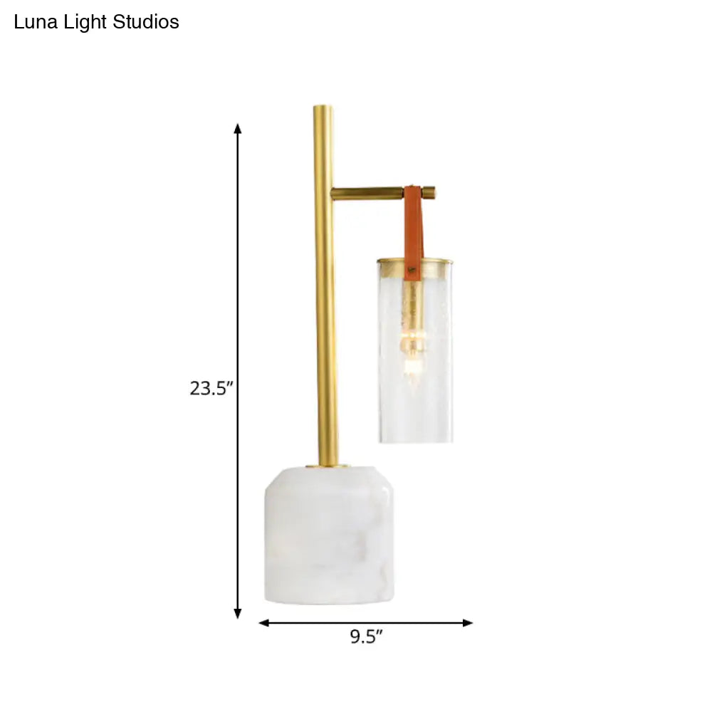 Mid Century Tube Seedy Glass Table Light With Leather Strap And Marble Base - Gold Finish