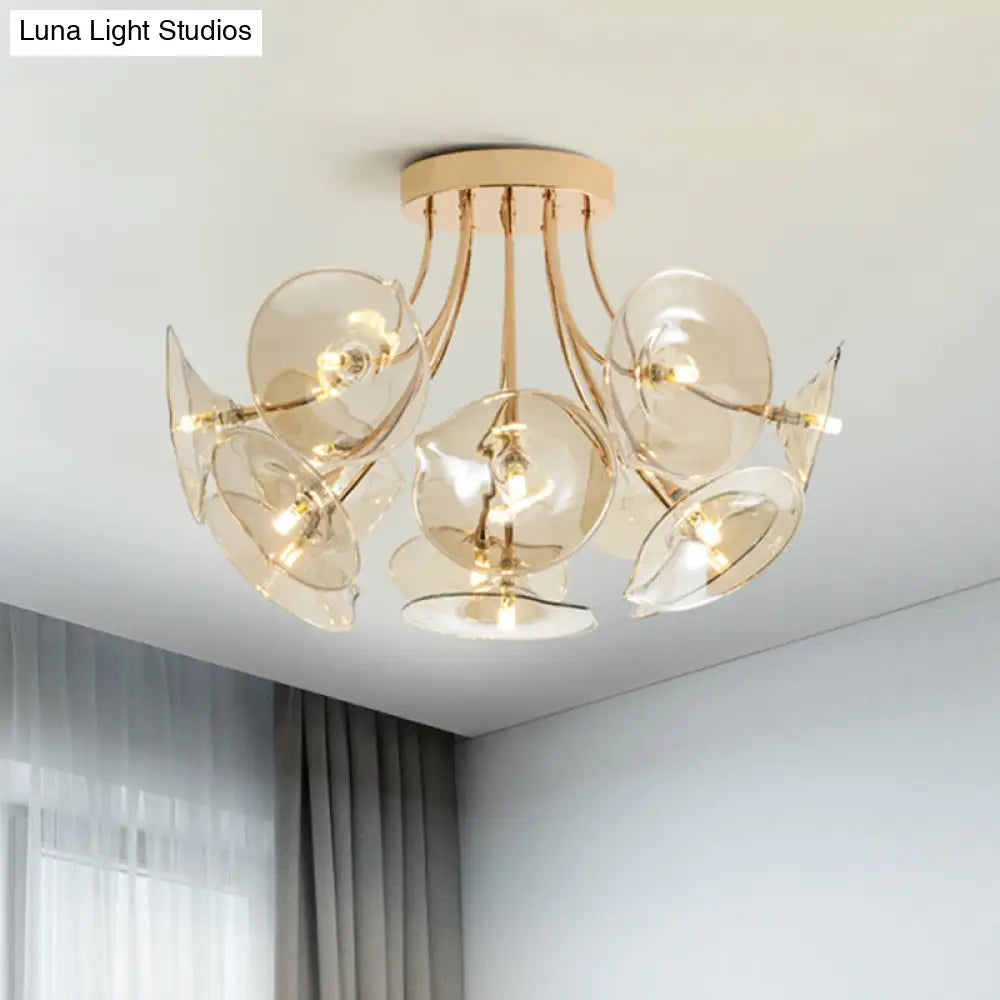 Mid - Century Wide Flare Amber Glass Semi Flush Light - Gold Finish Ceiling Fixture For Living Room