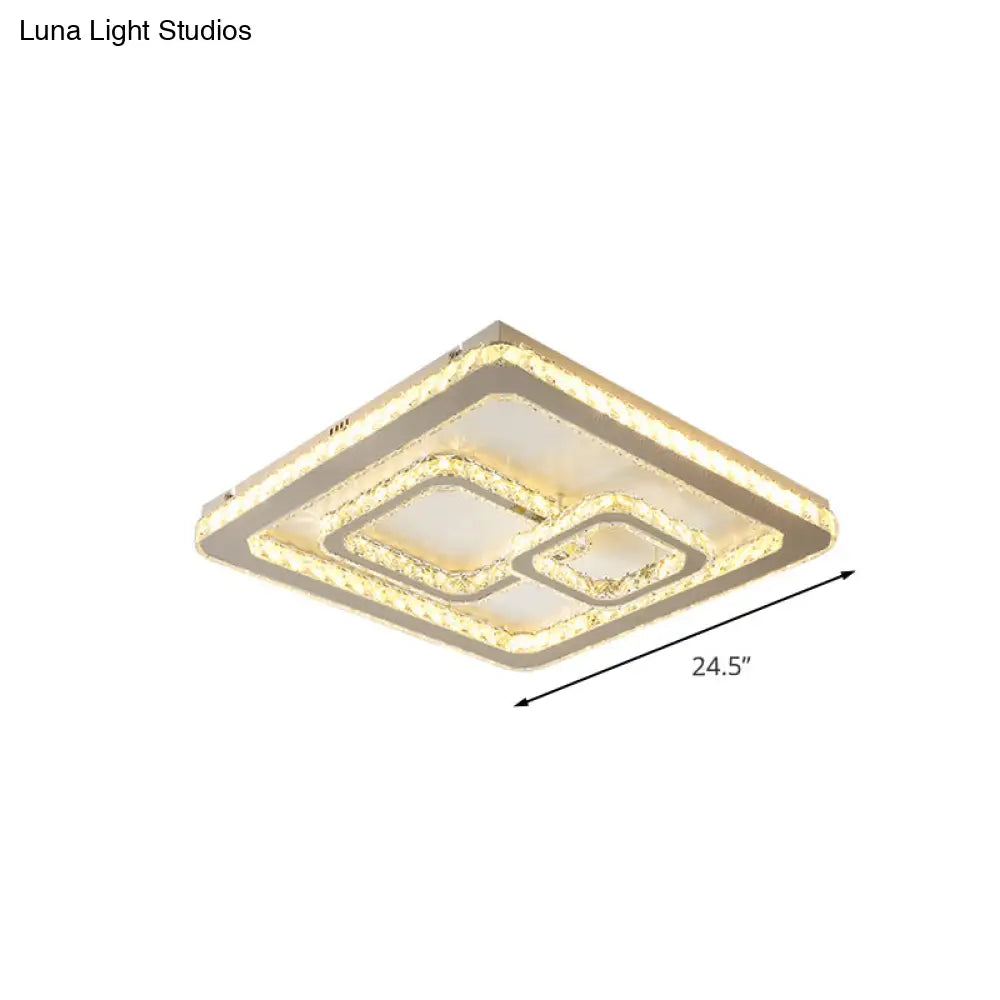 Minimal Squared Crystal Block Led Ceiling Lamp For Bedroom - Nickel Flushmount Light