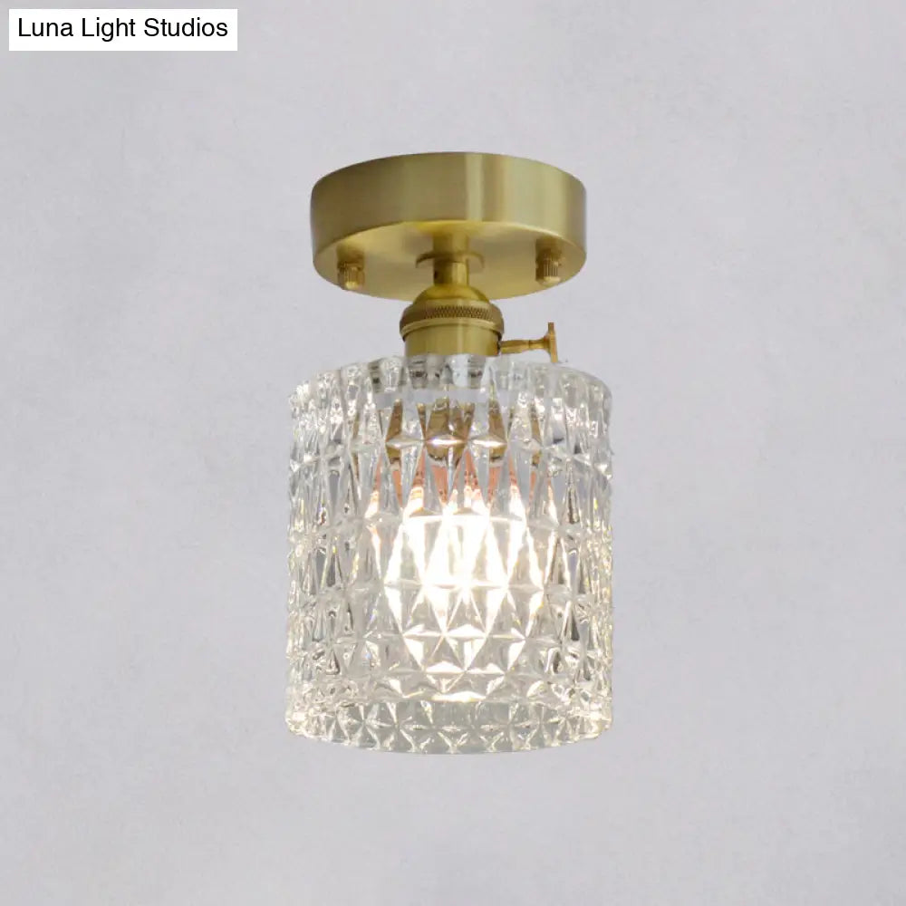 Minimalist Brass 1 - Head Ceiling Light With Carved Glass Shade For Corridors