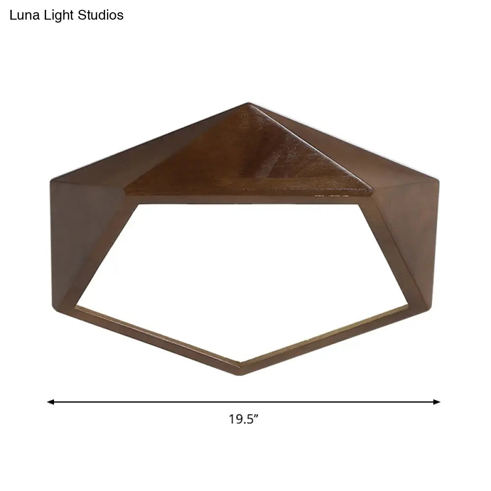 Minimalist Brown Wooden Flush Mount Led Ceiling Lamp - Faceted Pentagon Design (13’/16’/19.5’ Wide)