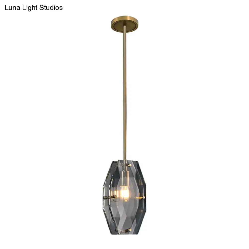 Minimalist Double Panel Pendant Lighting With 1-Bulb Faceted Crystal Ceiling Fixture In Brass
