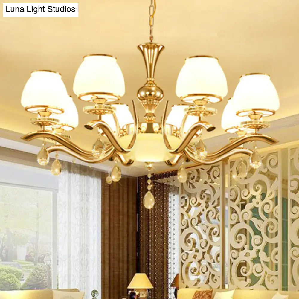 Minimalist Gold Finish Chandelier Lamp: Tapered White Glass Hanging Light For Sitting Room