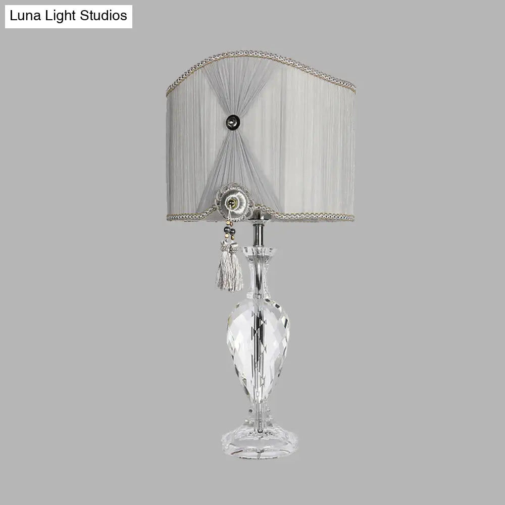 Minimalist Grey Crystal Table Lamp With Fabric Shade - Elegant Bedroom Night Light