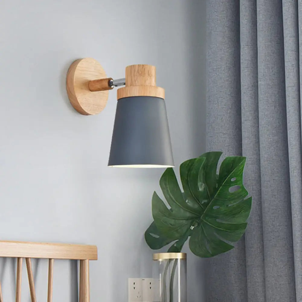 Minimalist Metal 1-Head Barrel Wall Lamp Sconce With Wood Backplate - Stylish Living Room Light