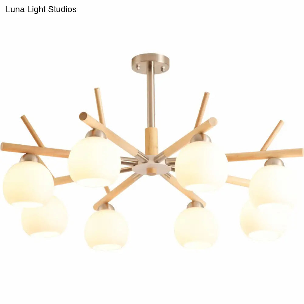 Minimalist White Glass Dome Ceiling Chandelier With Wood Twig Décor - Living Room Hanging Light