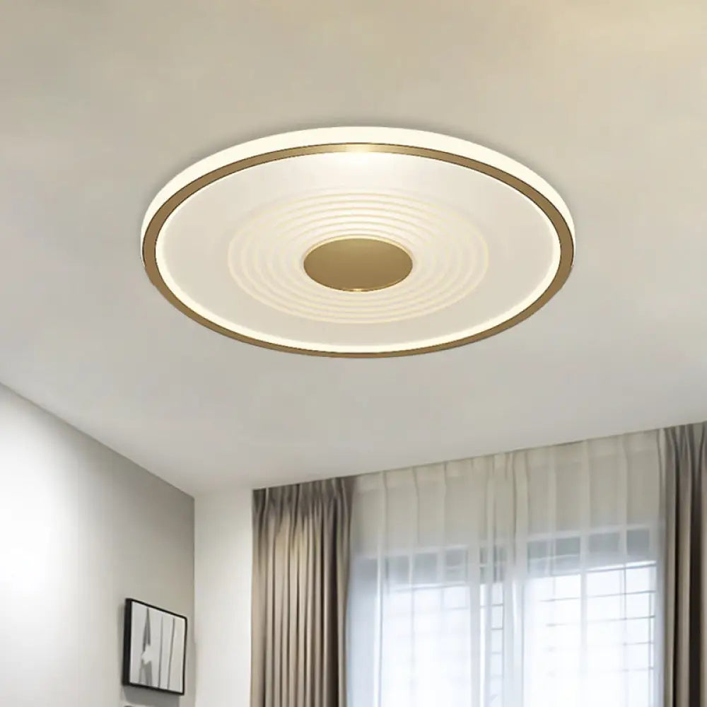 Minimalistic Led Flush Mount Lamp For Bedroom With White - Gold Finish And Acrylic Disc Shade -