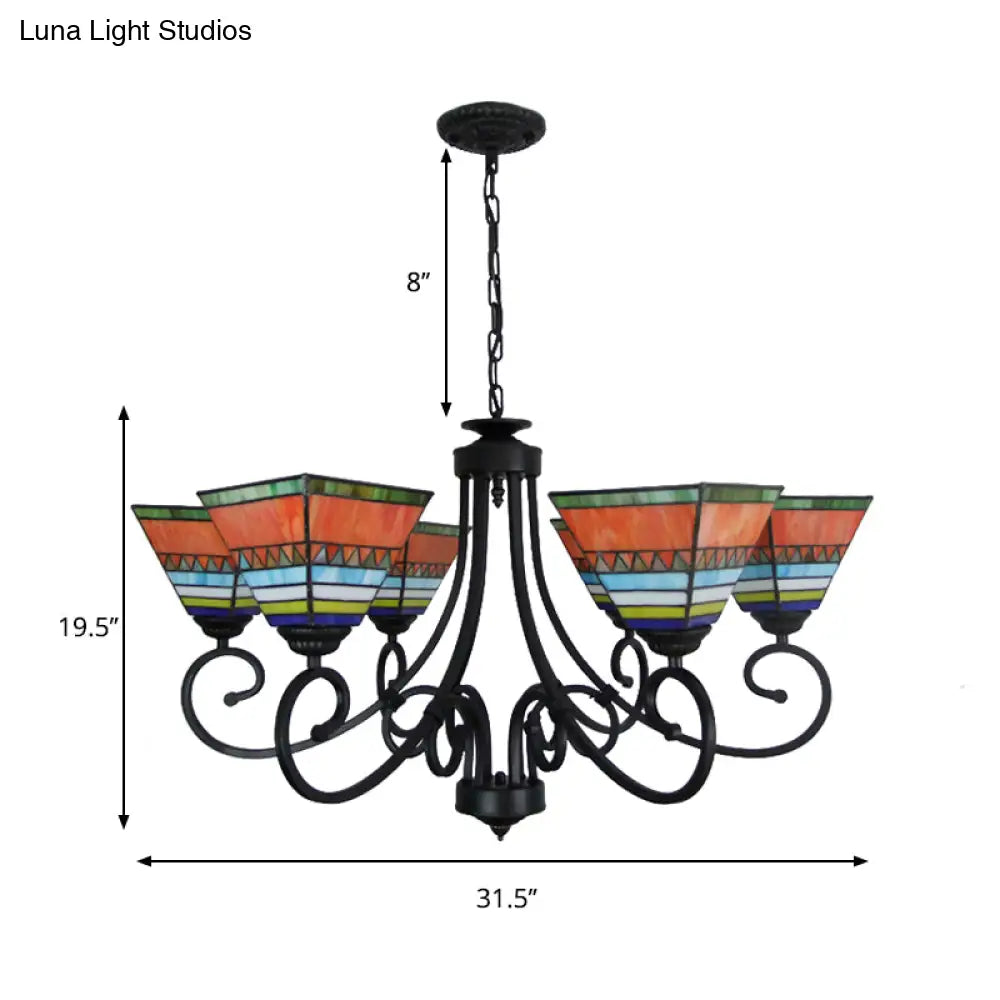 Mission Style Stained Glass Pyramid Chandelier With 6 Pink/Orange Lights - Perfect For Living Room