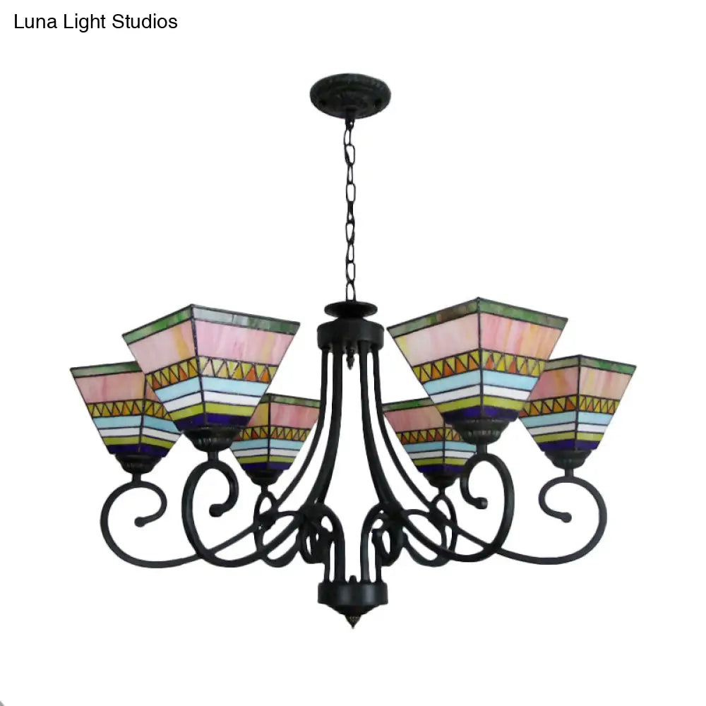 Mission Style Stained Glass Pyramid Chandelier With 6 Pink/Orange Lights - Perfect For Living Room