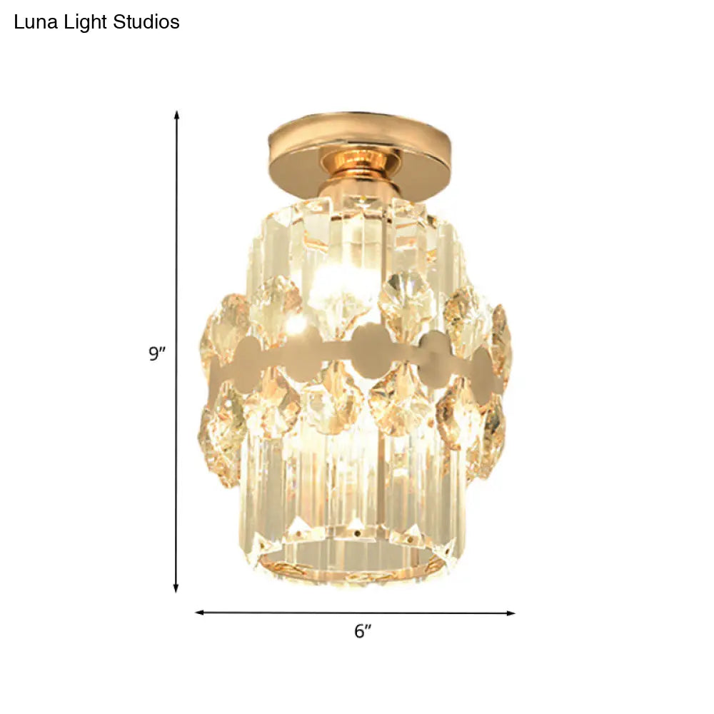 Modern 1-Light Cylinder Crystal Flush Ceiling Light In Gold With Circlet/Leaf Guard