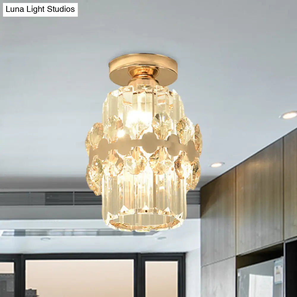 Modern 1-Light Cylinder Crystal Flush Ceiling Light In Gold With Circlet/Leaf Guard