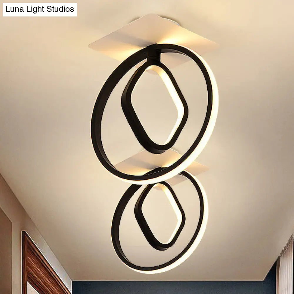 Modern Acrylic White/Black Led Ceiling Lighting For Bedroom - Ring And Rhombus Flush Mount In