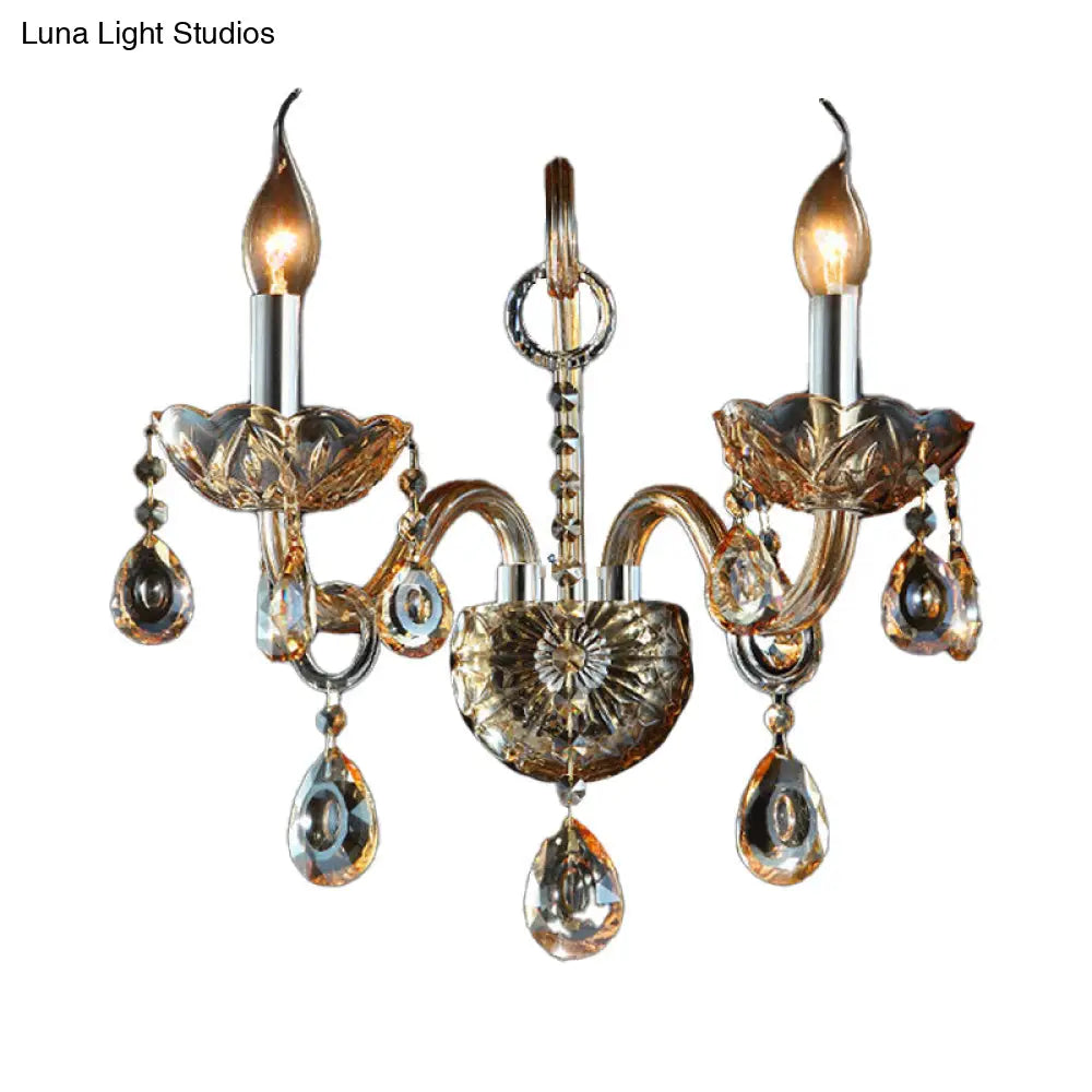 Modern Amber Glass Candle Sconce Wall Light With Crystal Drip Accent - 1/2 Heads Bedroom Fixture