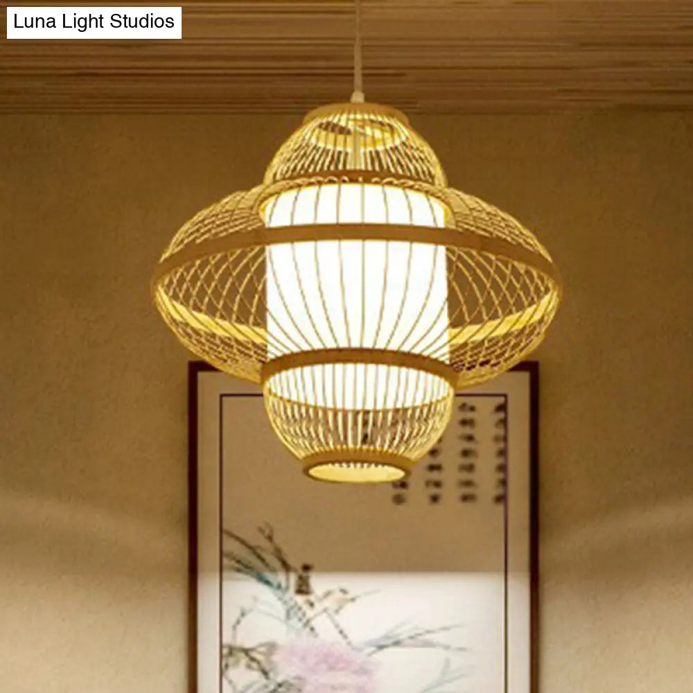 Modern Bamboo Lantern Pendant Light For Restaurants - Single Wood Hanging Ceiling Fixture