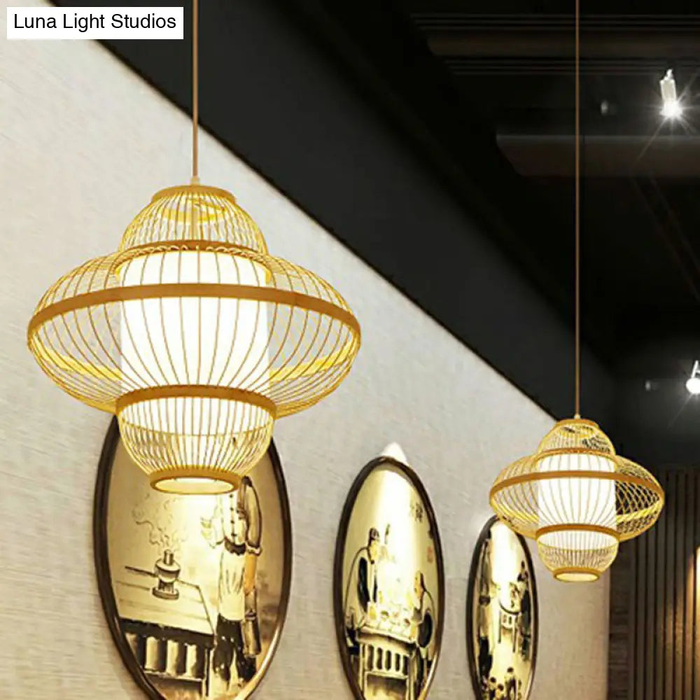 Modern Bamboo Lantern Pendant Light For Restaurants - Single Wood Hanging Ceiling Fixture