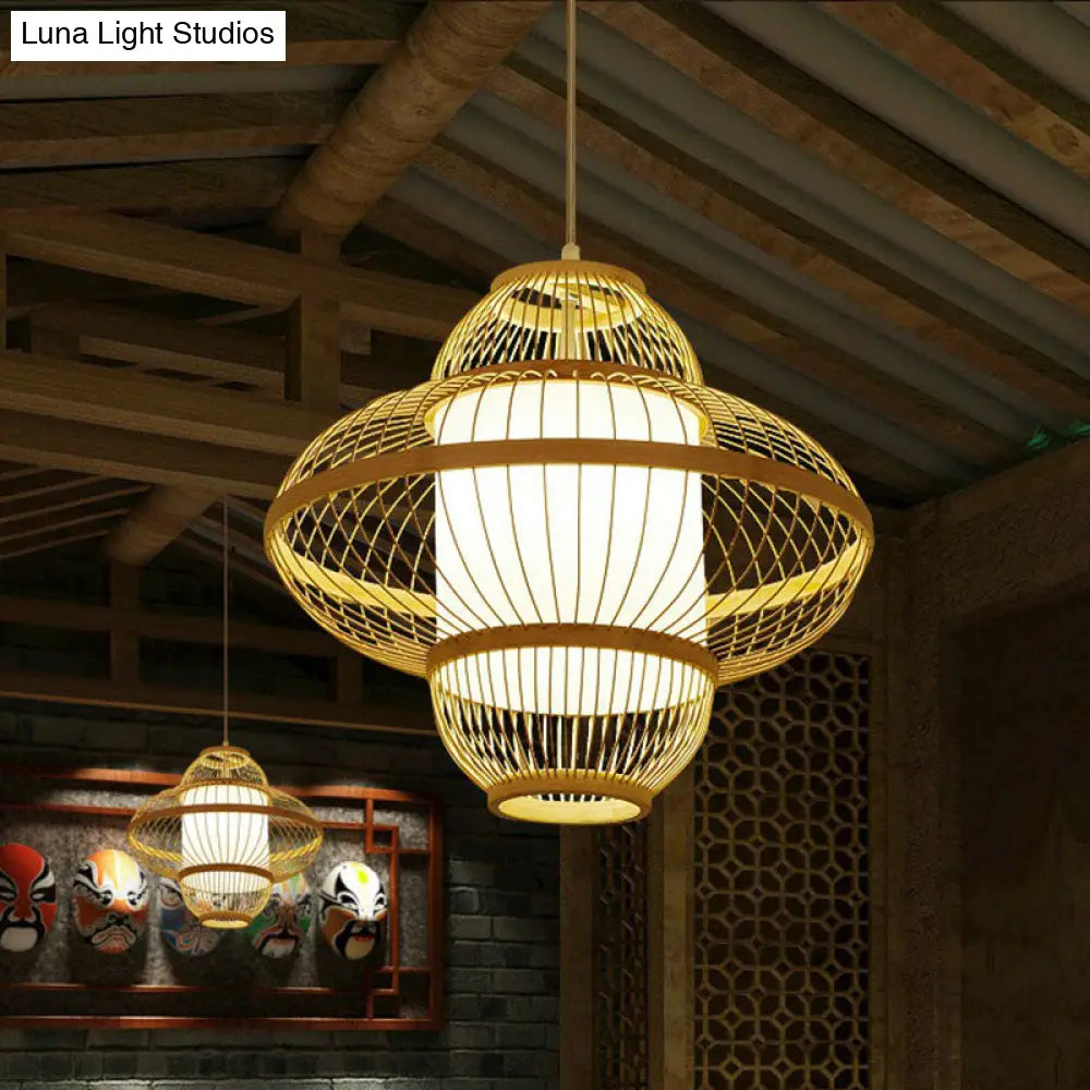 Modern Bamboo Lantern Pendant Light For Restaurants - Single Wood Hanging Ceiling Fixture