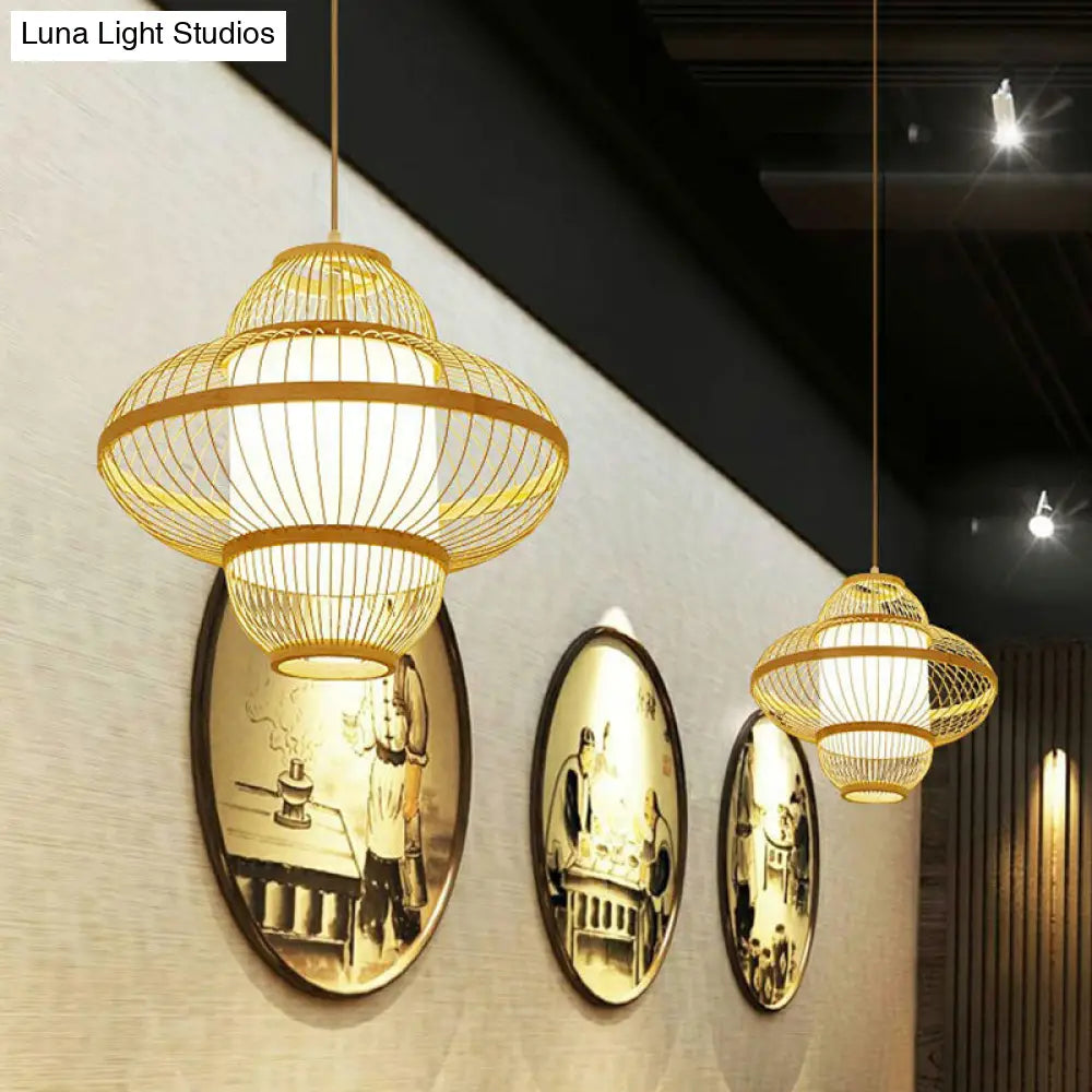 Modern Bamboo Lantern Pendant Light For Restaurants - Single Wood Hanging Ceiling Fixture