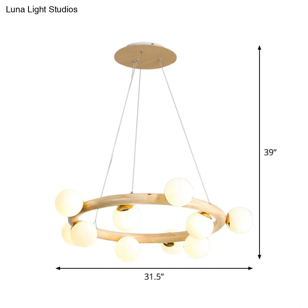 Modern Beige Ceiling Lamp With Frosted Glass Chandelier And Wood Circular Design – 8/10 Bulbs